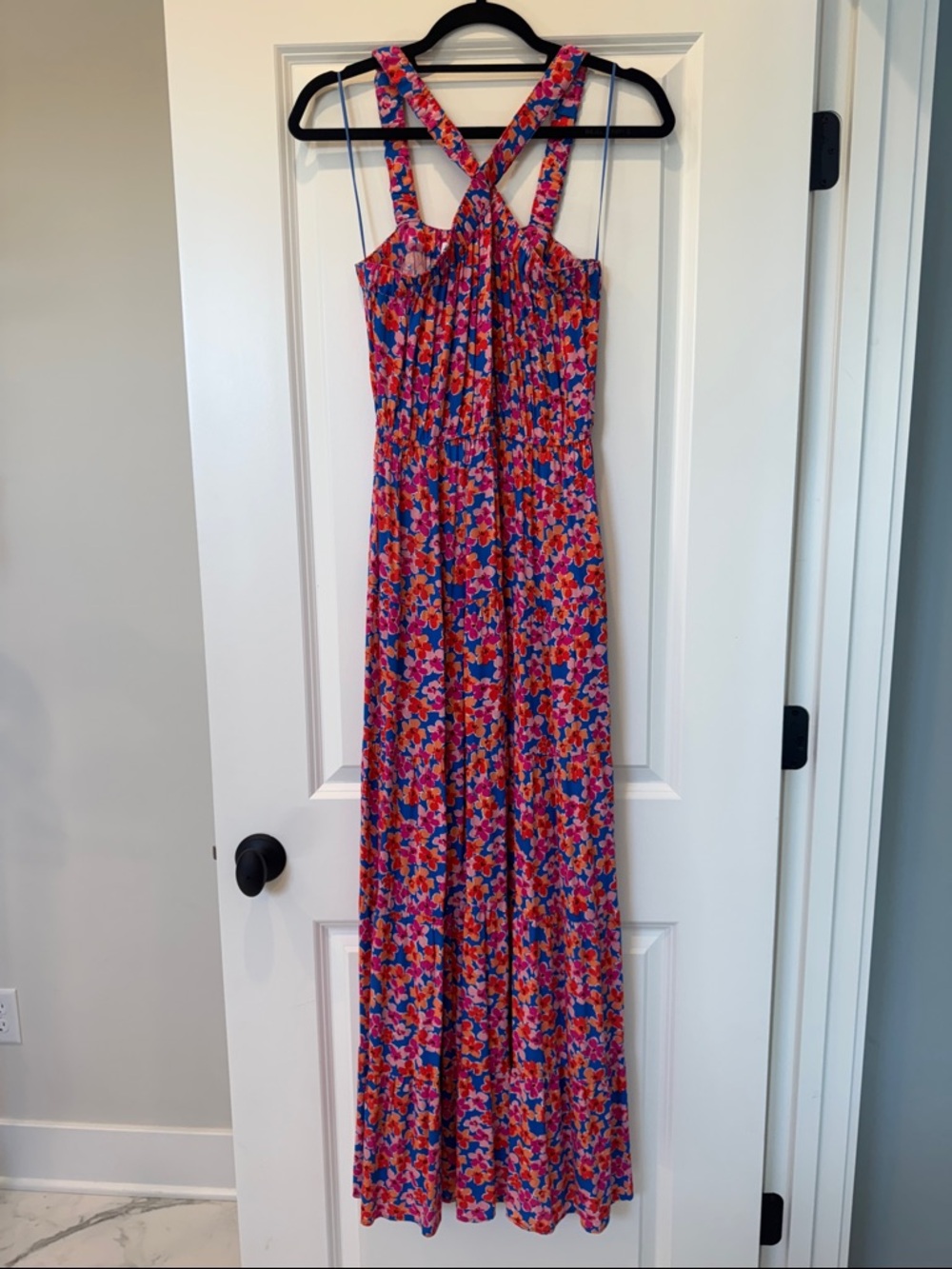 Colorful Floral Maxi Dress with Front Cross Straps